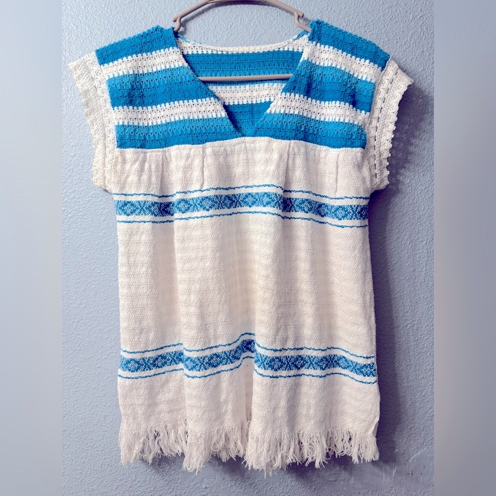 Blue and White Knit Mexican blouse